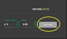 A completed betting slip on the Smarkets platform ready to be executed by clicking Place Bet