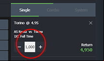 FansBet stake amount selection page