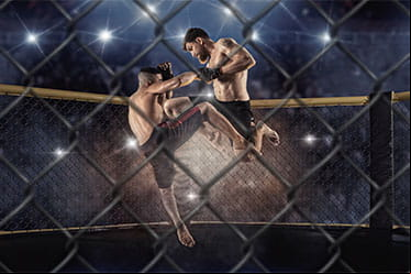 Two MMA fighters fight each other in the Octagon.