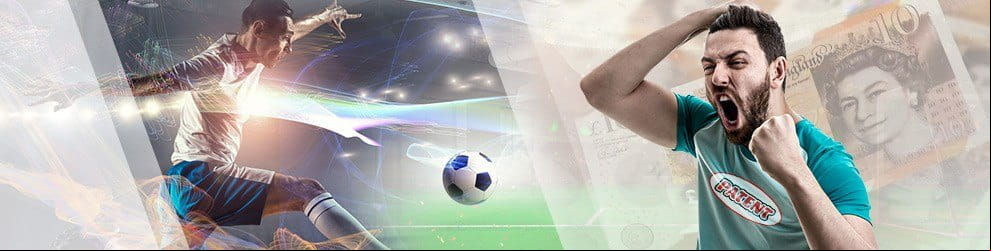 A footballer kicking the ball opposite a man celebrating a Patent bet win
