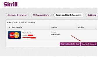 The bank card registration form to attach your bank card to your Skrill credentials