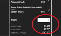 The bet slip of Unibet detailing the selected betting market and the amount you wish to bet