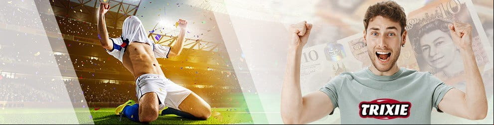 A footballer celebrating with his shirt over his head opposite a man winning a Trixie bet